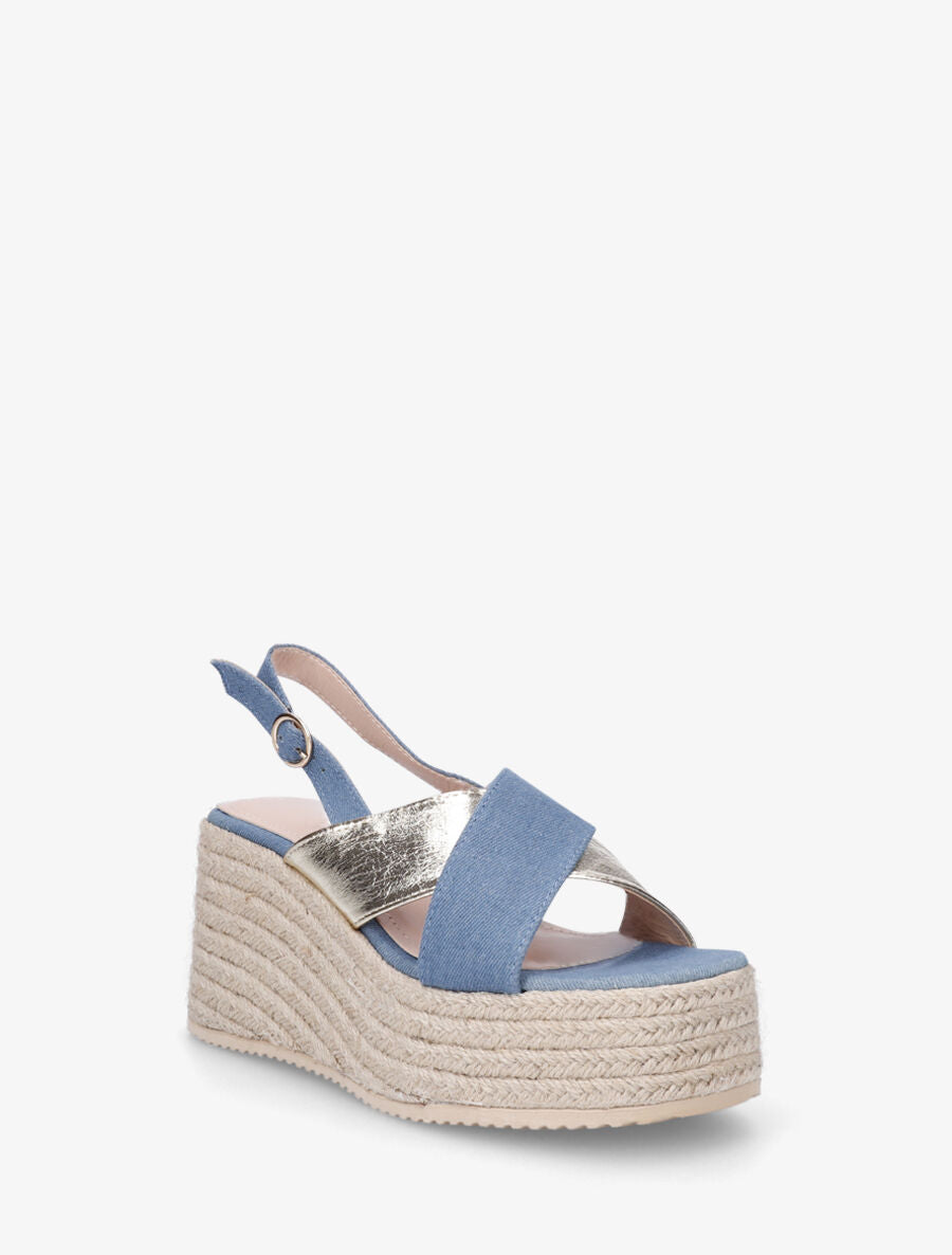 Sandales croisées bi-matière à talon compensé - Bleu denim - 2