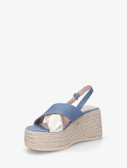 Sandales croisées bi-matière à talon compensé - Bleu denim - 3