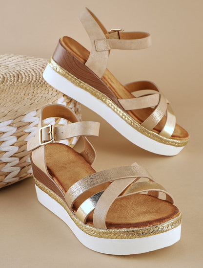 Sandales compensées brides croisées irisées - Beige - 1