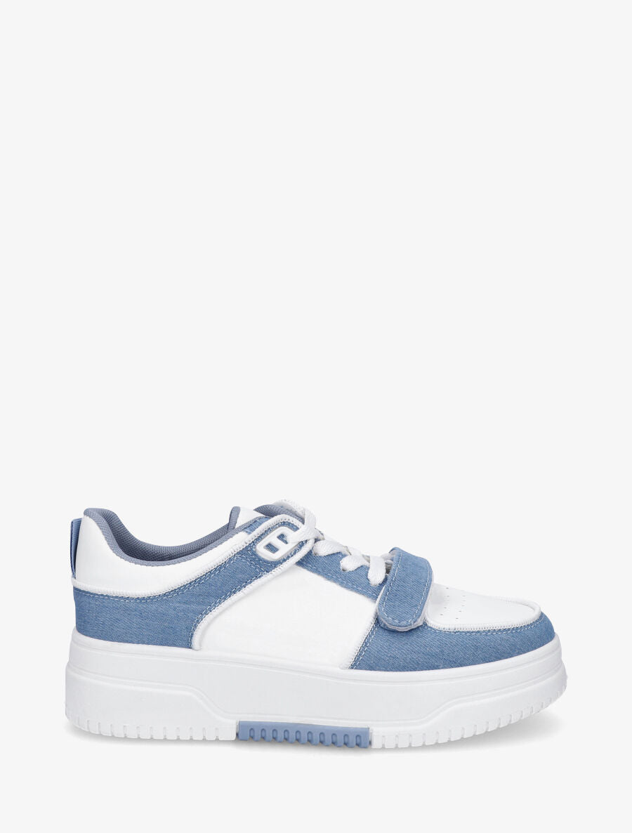 Baskets bi-matière à lacets et scratch - Bleu denim - 1