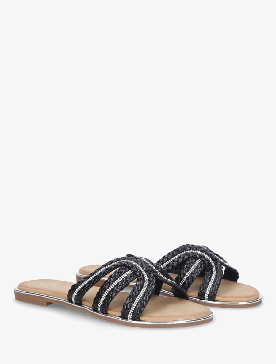 Mules plates tressée à strass - Noir - 4