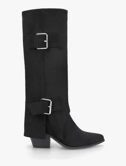 Bottes en suédine à revers et ceinturons - Noir - 5