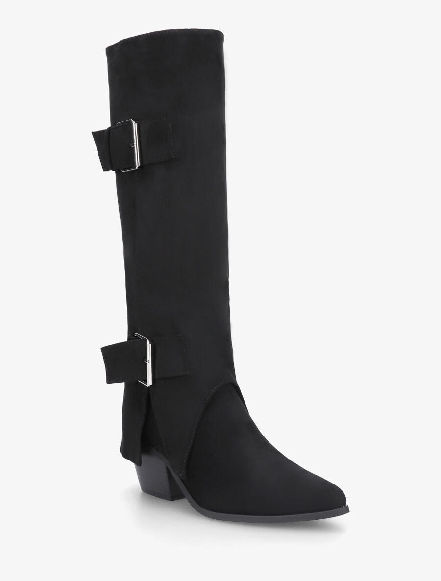 Bottes en suédine à revers et ceinturons - Noir - 2