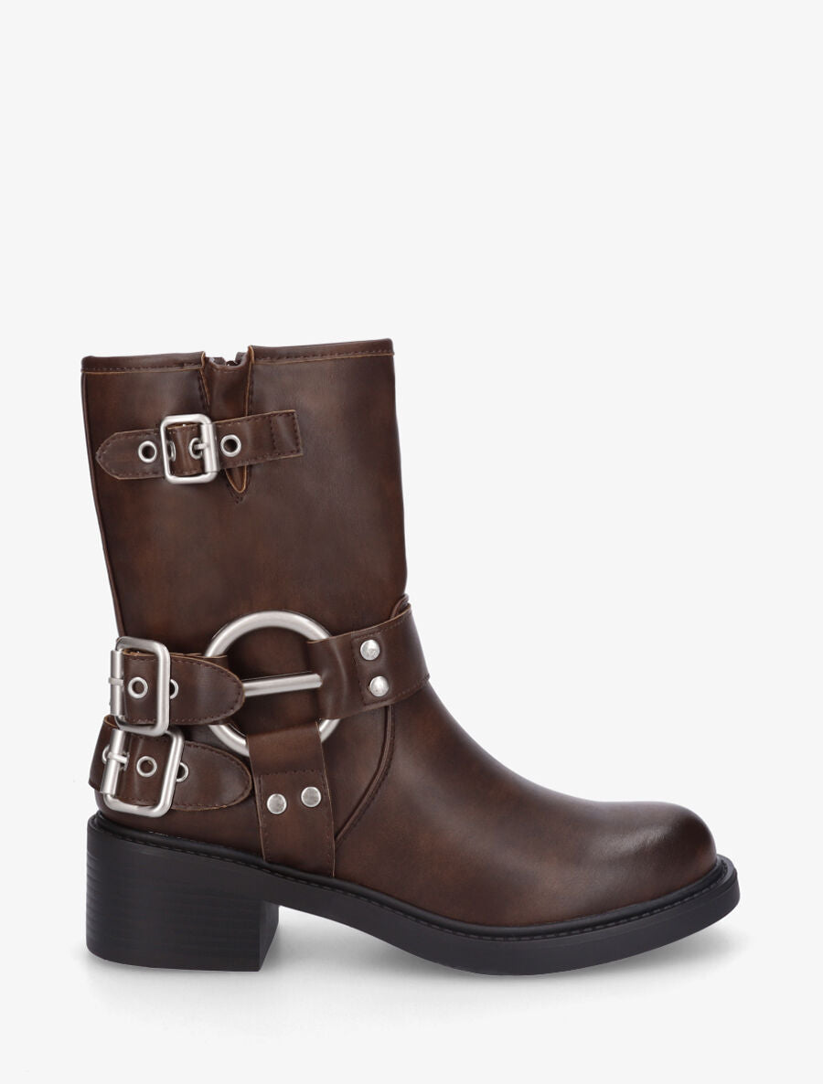 Bottines montantes en simili à boucles - Marron - 1