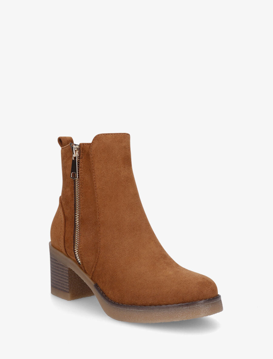 Bottines en suédine à zip décoratif - Camel - 2