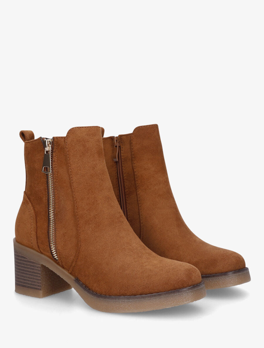 Bottines en suédine à zip décoratif - Camel - 4