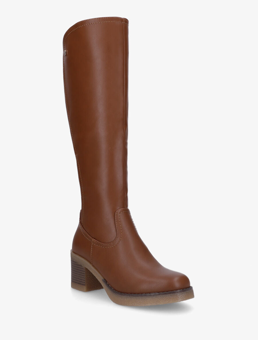 Bottes en simili à talon et bande élastiquée - Camel - 2