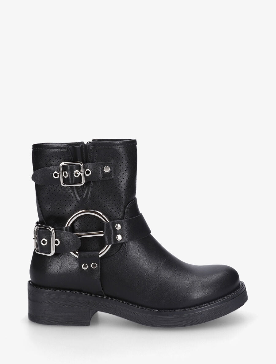 Bottines en simili à quartier ajouré et boucles - Noir - 5