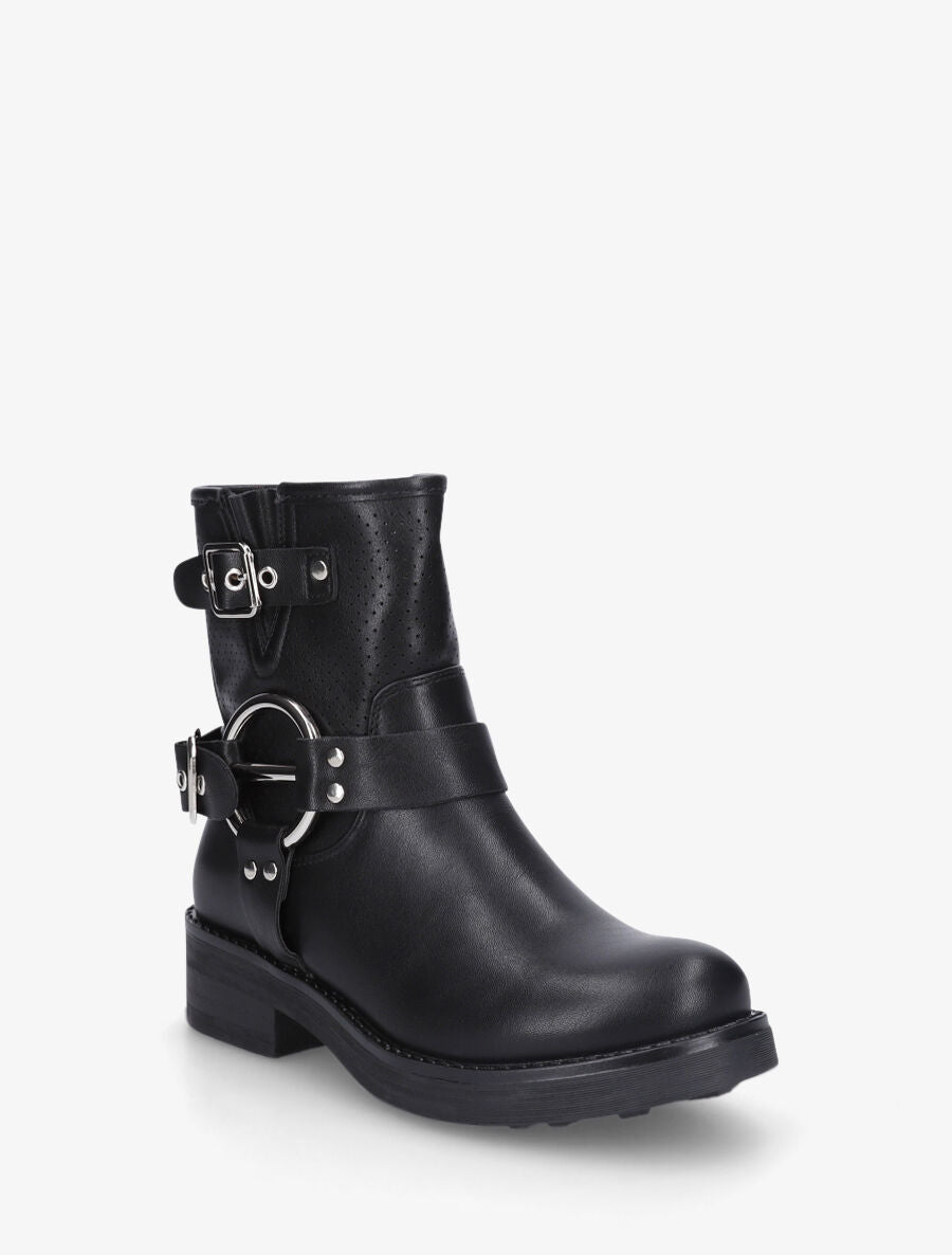 Bottines en simili à quartier ajouré et boucles - Noir - 2