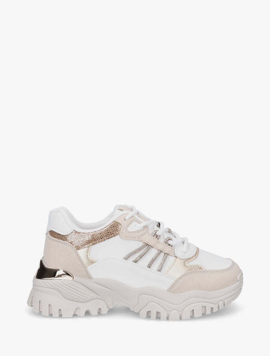 Baskets en simili à détail stylisé et empiècement métal - Beige - 5