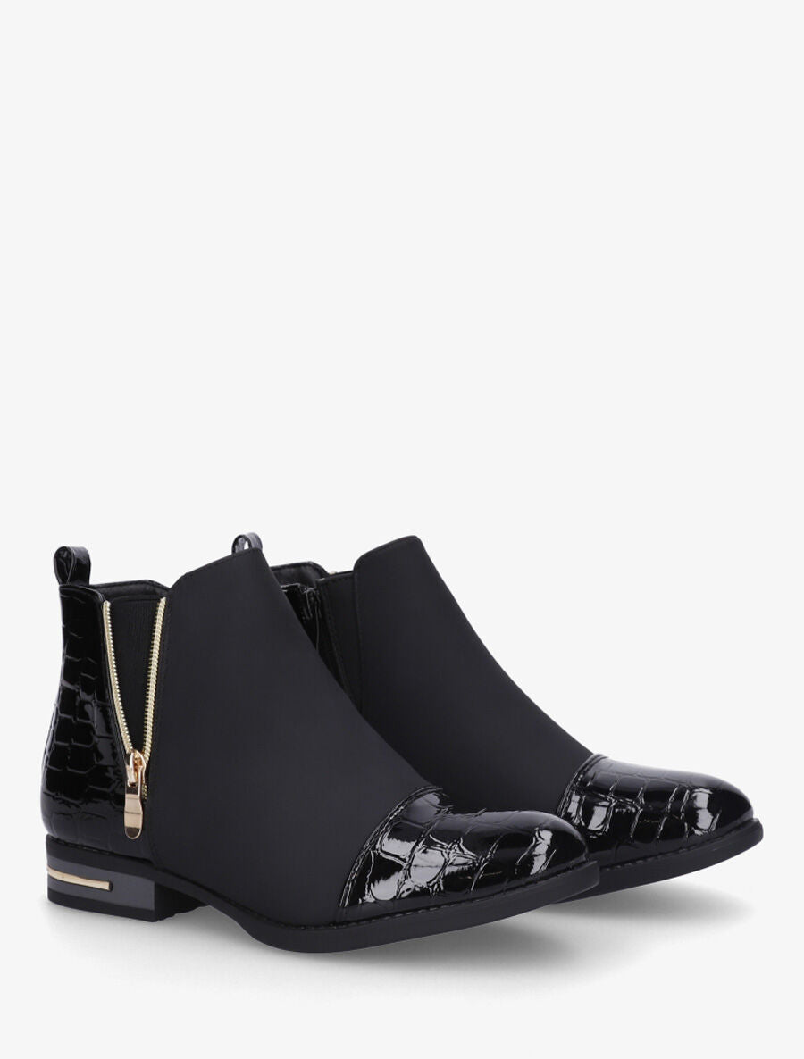 Bottines à imprimé croco et zip décoratif - Noir - 4
