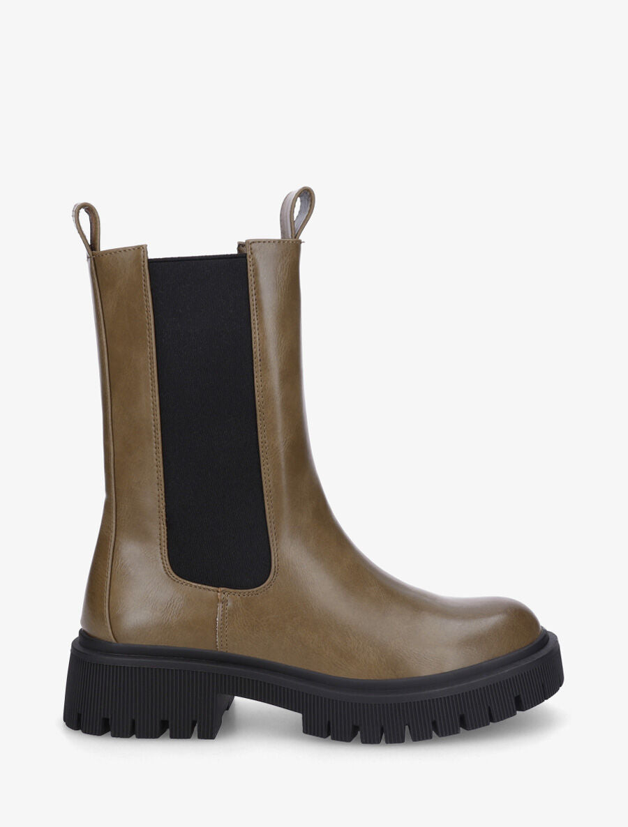 Bottines montantes élastiquées en simili - Kaki - 1