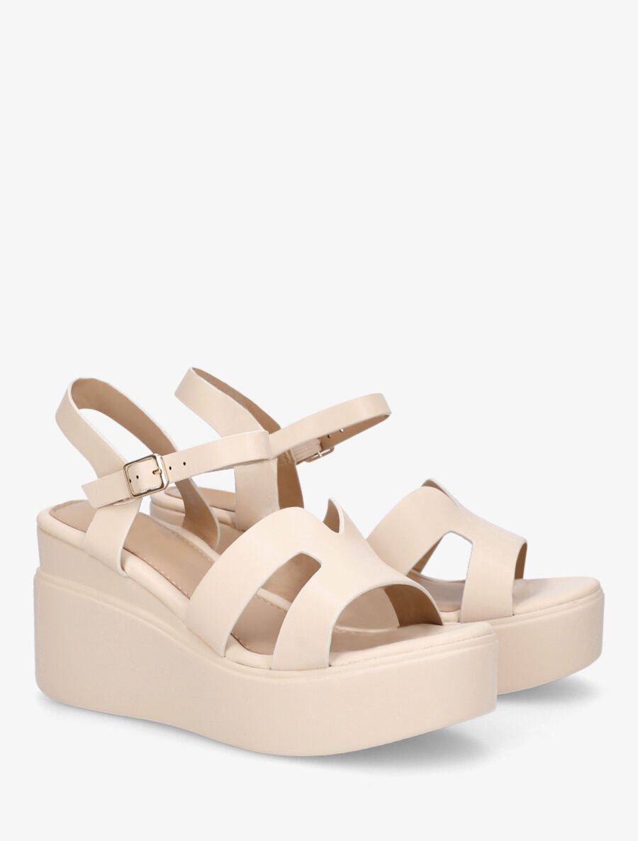 Sandales compensées à ganses stylisées - Beige - 4