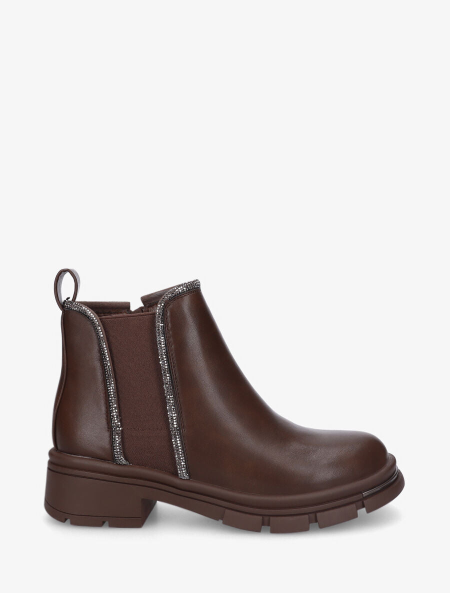 Bottines en simili à strass et bande élastiquée - Marron - 1