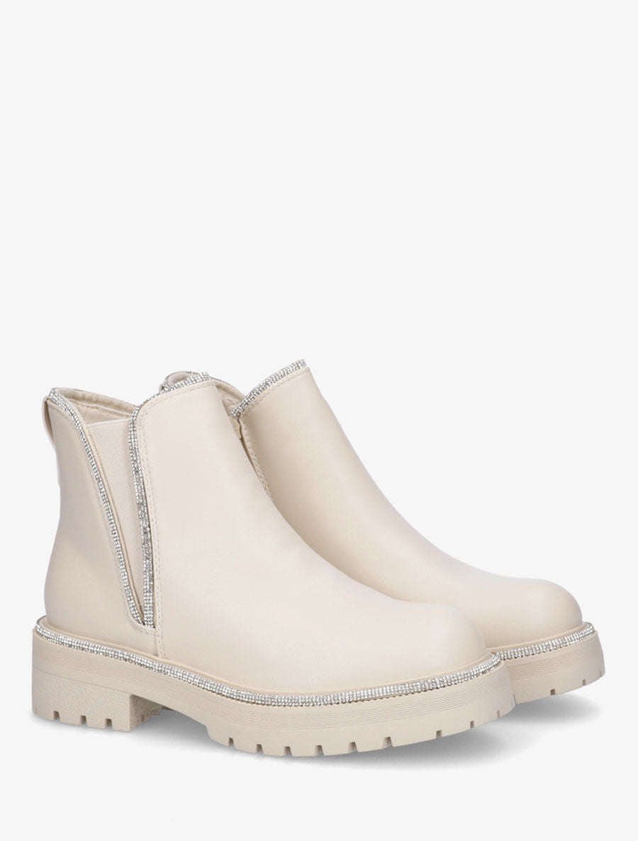Bottines en simili à bords incrusté de strass - Beige - 4