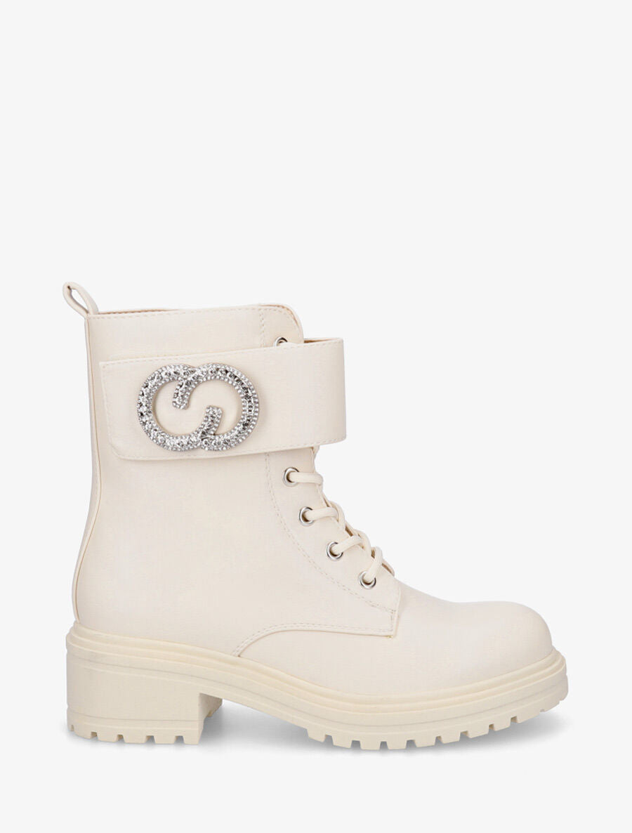 Bottines en simili style rangers à lanière strassée - Beige - 1