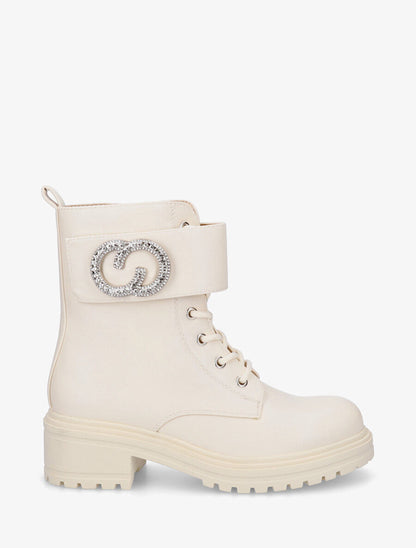 Bottines en simili style rangers à lanière strassée - Beige - 1