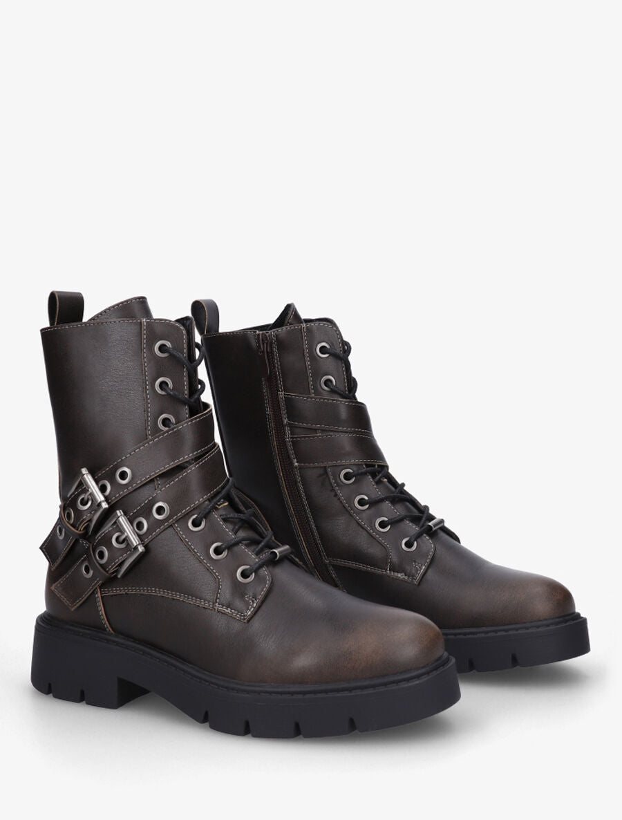 Bottines montantes en simili à double sangles - Marron - 4