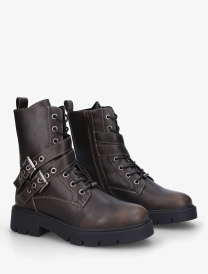 Bottines montantes en simili à double sangles - Marron - 4
