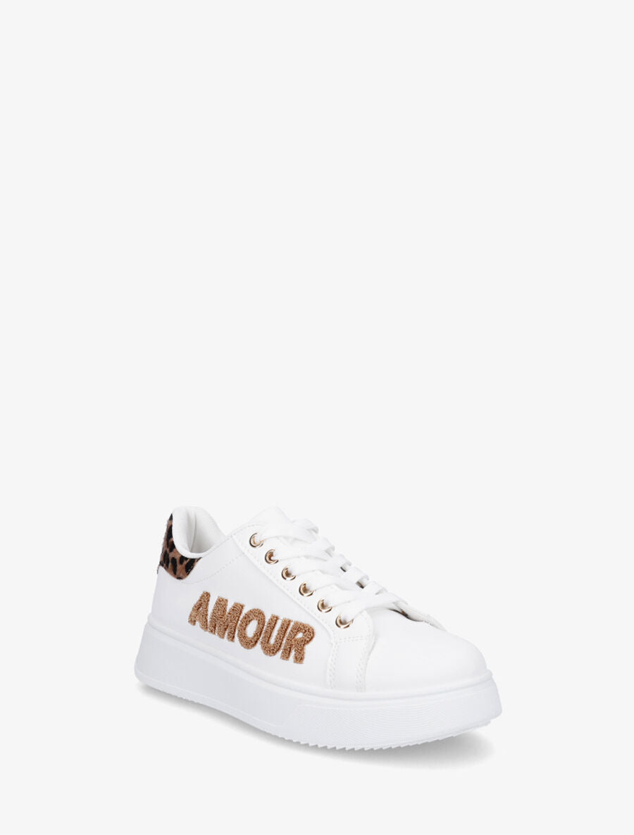 Sneakers en simili à flocage amour et coeur pailleté - Camel - 2
