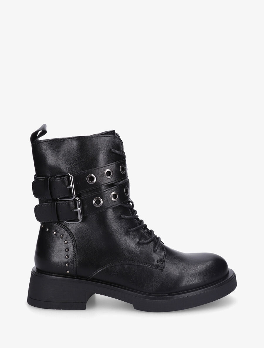 Bottines en simili à double sangles et lacets - Noir - 1