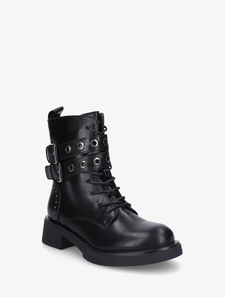 Bottines en simili à double sangles et lacets - Noir - 2