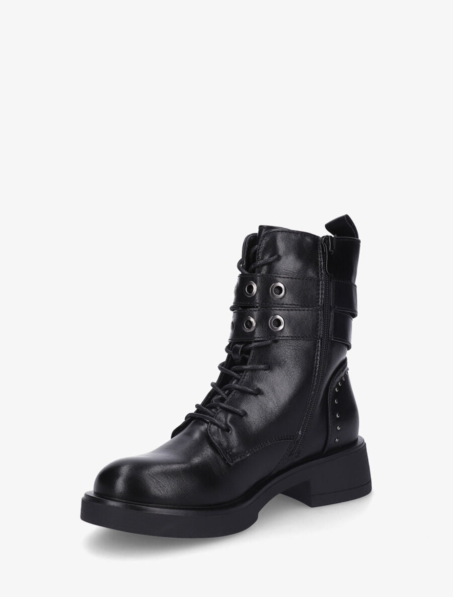 Bottines en simili à double sangles et lacets - Noir - 3