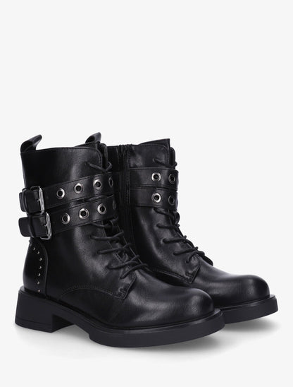 Bottines en simili à double sangles et lacets - Noir - 4