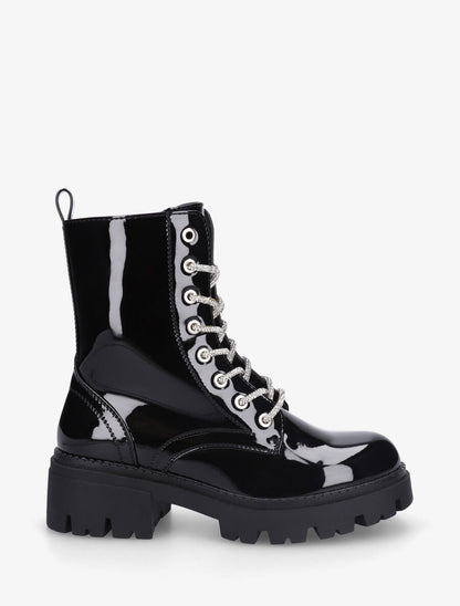 Bottines montantes vernies à lacets strassés - Noir - 5