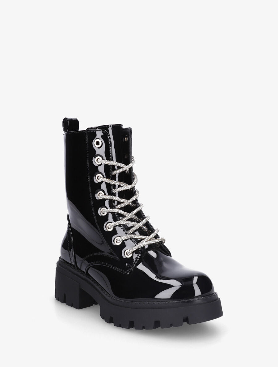 Bottines montantes vernies à lacets strassés - Noir - 2