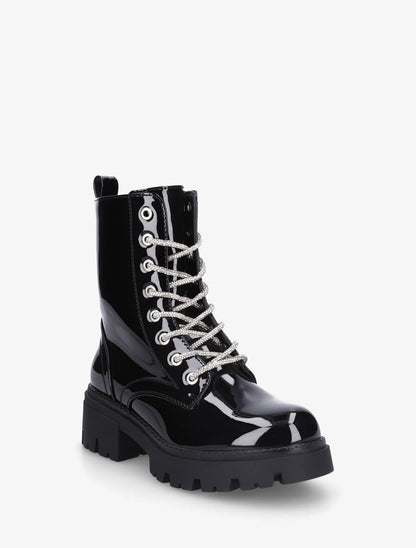 Bottines montantes vernies à lacets strassés - Noir - 2