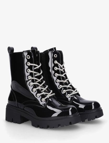 Bottines montantes vernies à lacets strassés - Noir - 4