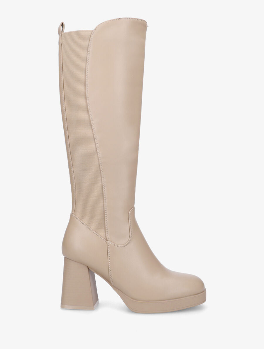 Bottes élastiquées unies en simili - Beige - 5