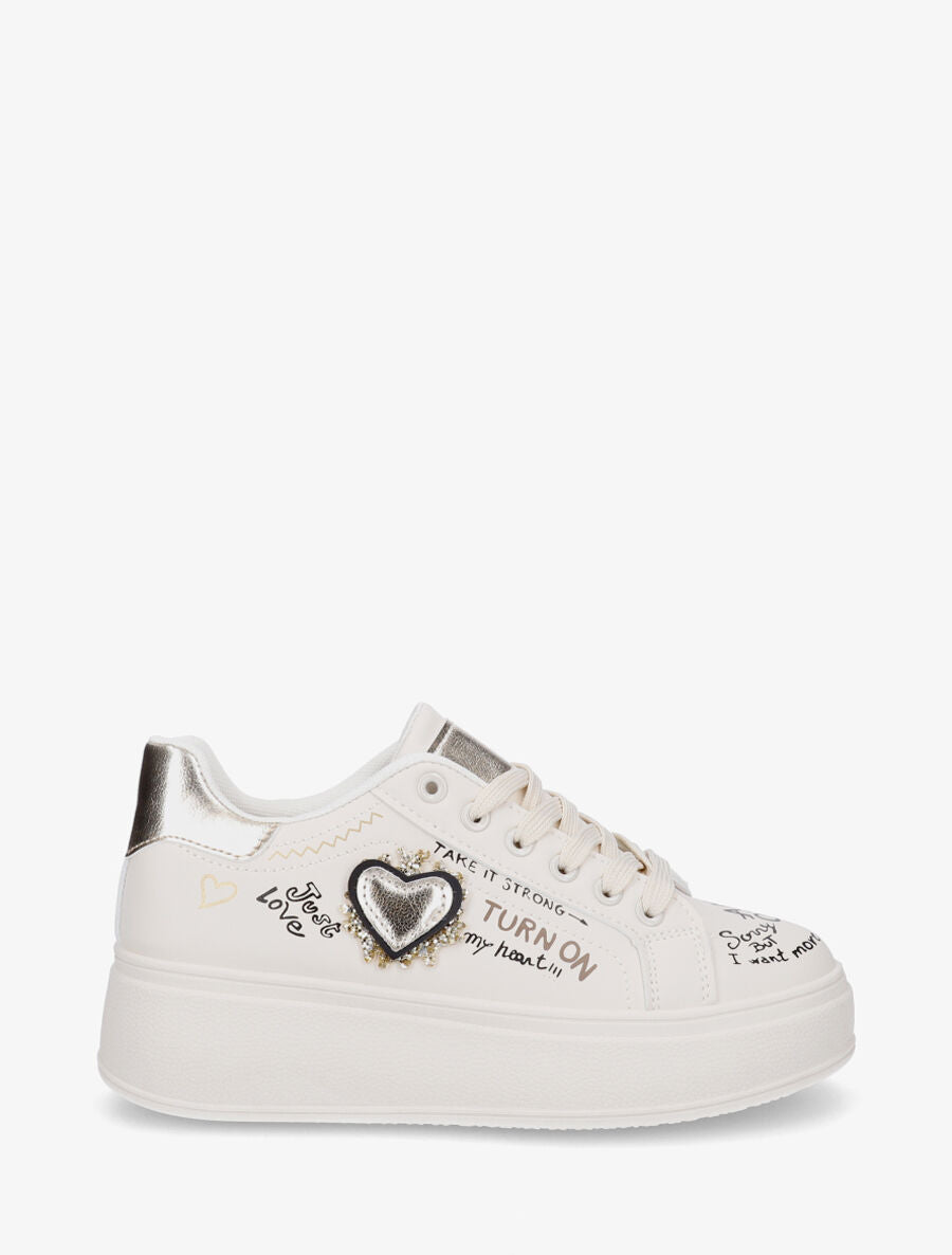 Sneakers à plateforme avec flocage et empiècement coeur - Beige - 1
