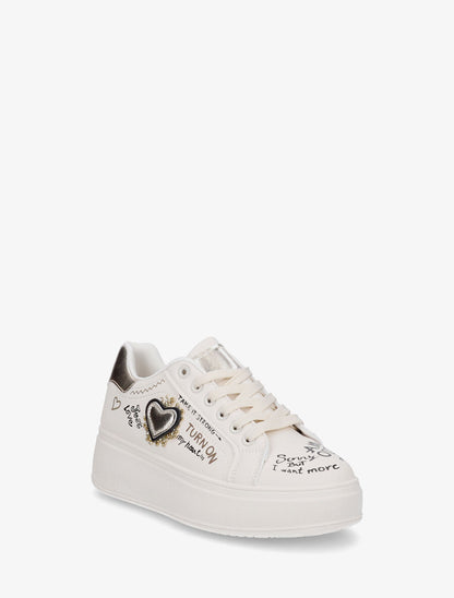 Sneakers à plateforme avec flocage et empiècement coeur - Beige - 2