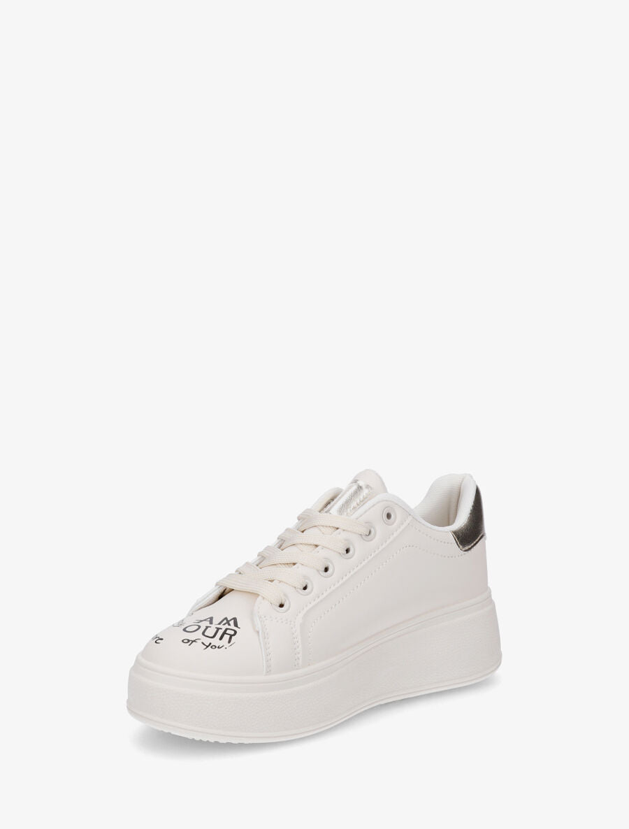 Sneakers à plateforme avec flocage et empiècement coeur - Beige - 3