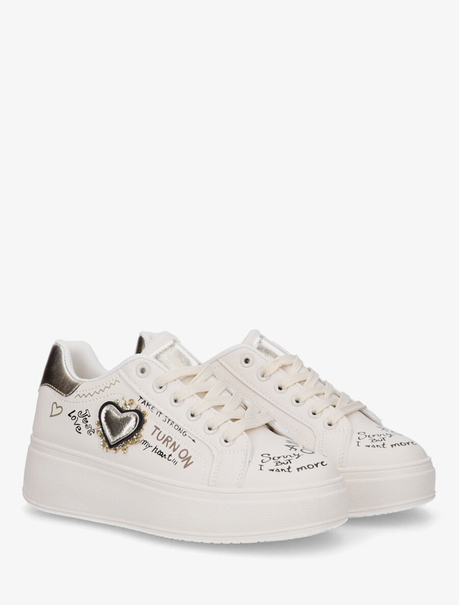 Sneakers à plateforme avec flocage et empiècement coeur - Beige - 4