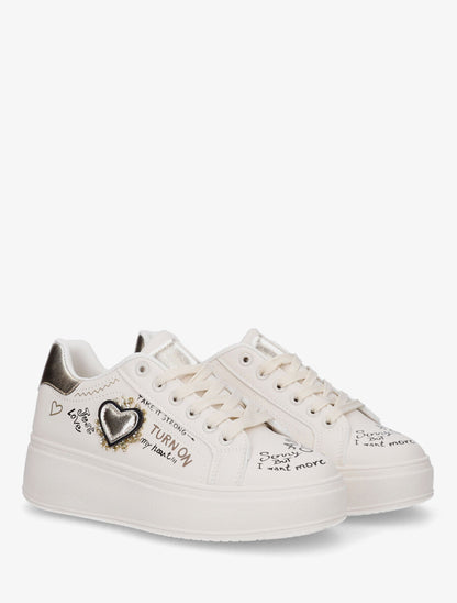 Sneakers à plateforme avec flocage et empiècement coeur - Beige - 4