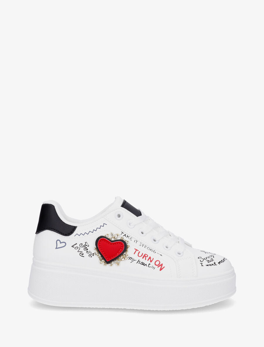 Sneakers à plateforme avec flocage et empiècement coeur - Blanc - 1