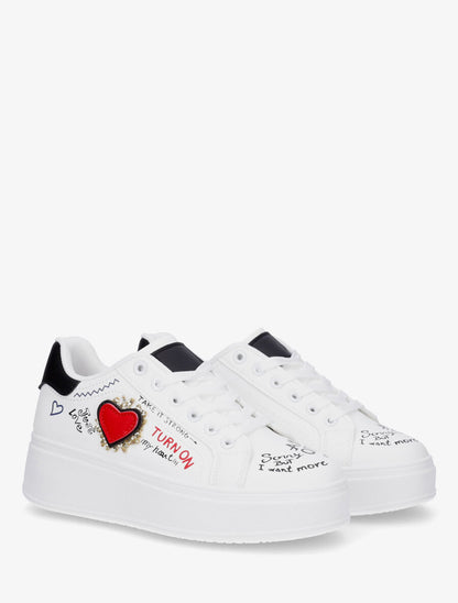 Sneakers à plateforme avec flocage et empiècement coeur - Blanc - 4