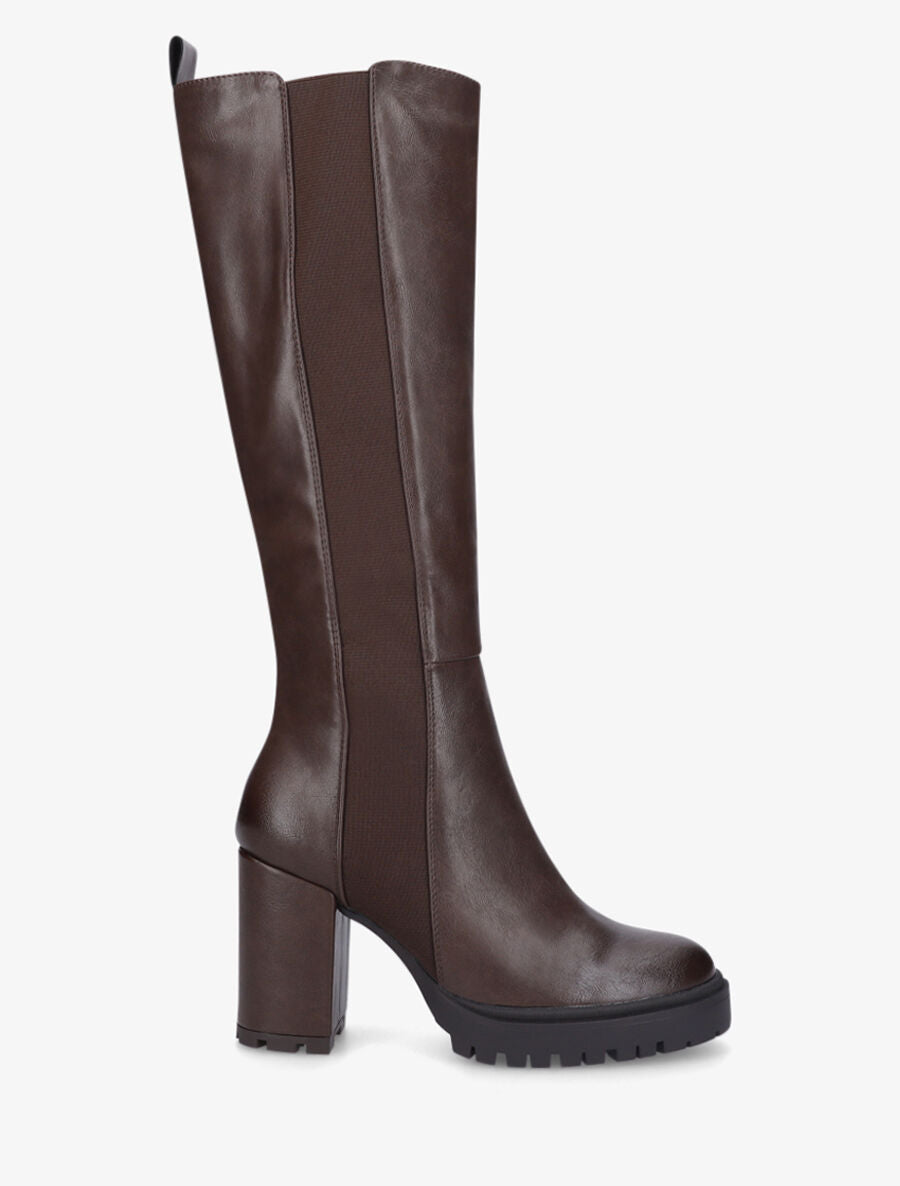 Bottes élastiquées en simili à talon haut - Marron - 1