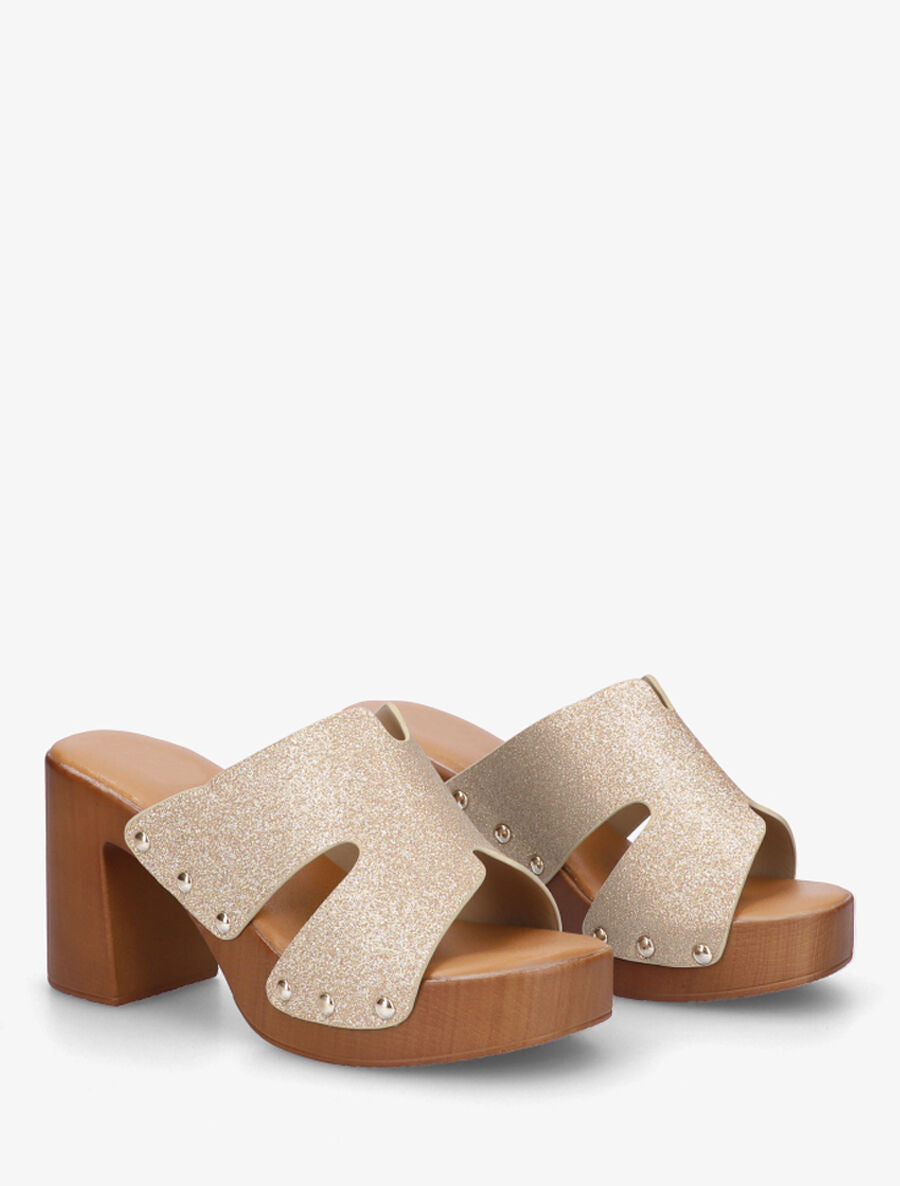 Mules à talon effet bois et ganse pailletée - Or - 4