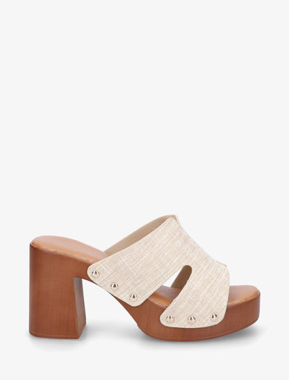 Mules à talon effet bois et ganse effet osier - Beige - 1
