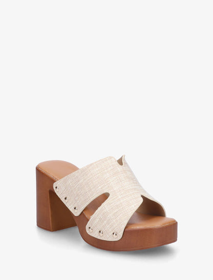 Mules à talon effet bois et ganse effet osier - Beige - 2