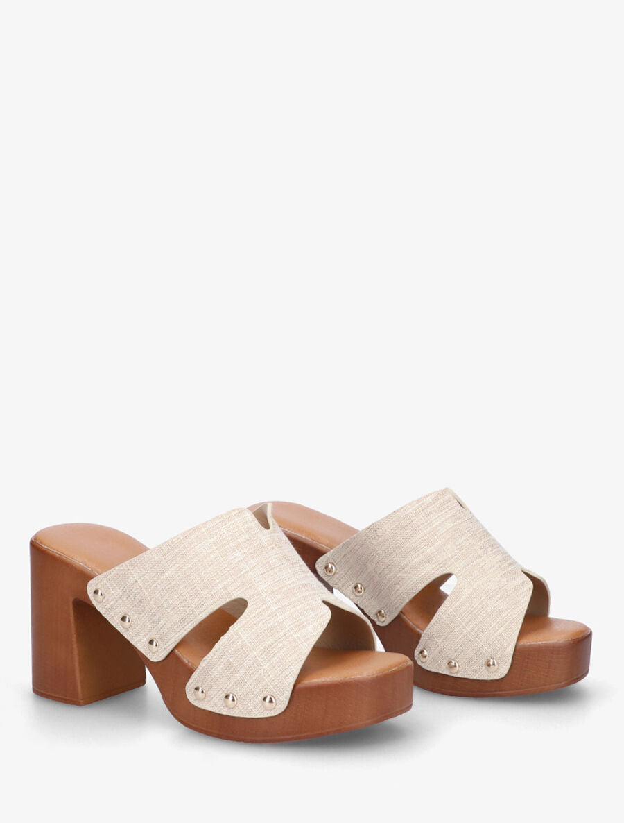 Mules à talon effet bois et ganse effet osier - Beige - 4