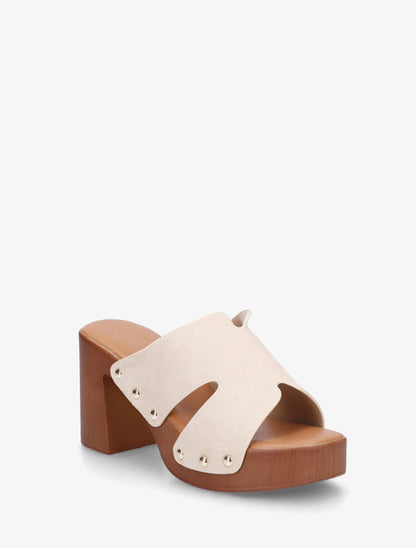 Mules à talon effet bois et ganse en suédine - Beige - 2