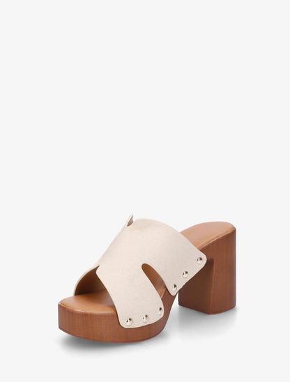 Mules à talon effet bois et ganse en suédine - Beige - 3