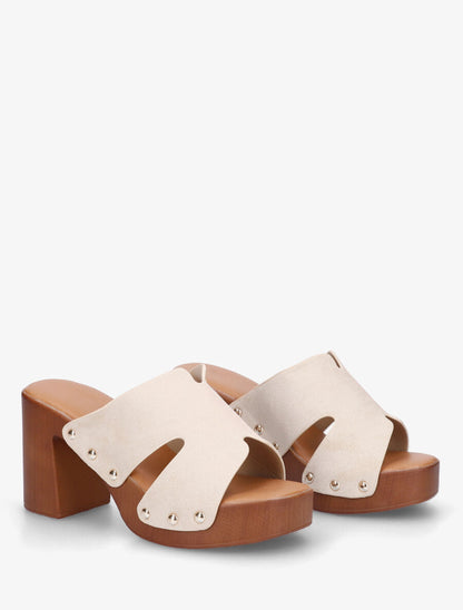 Mules à talon effet bois et ganse en suédine - Beige - 4