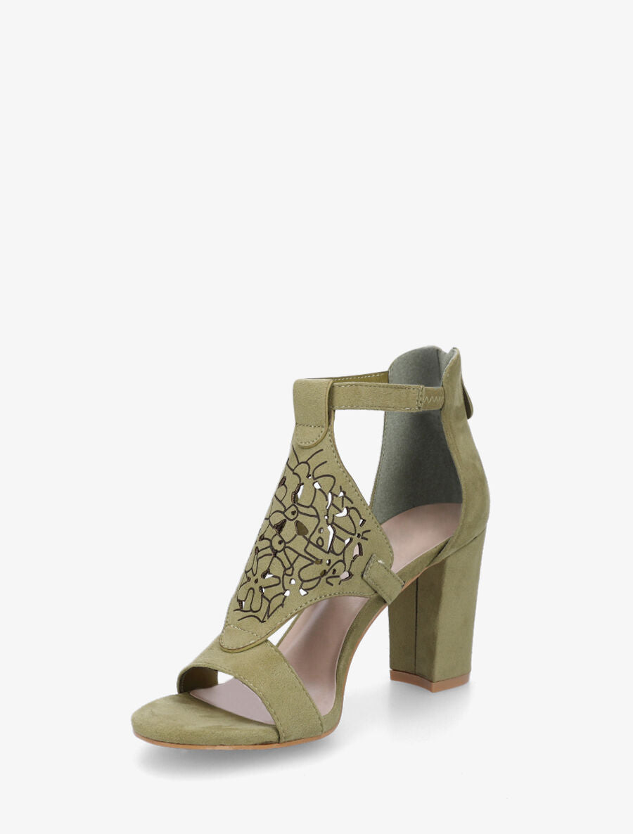 Sandales en suédine à claque piquetée motif fleuri - Kaki - 3