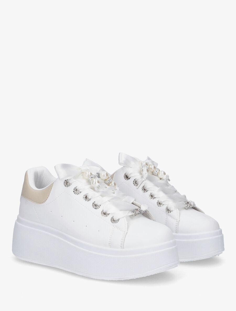 Sneakers à plateforme et strass - Beige - 4